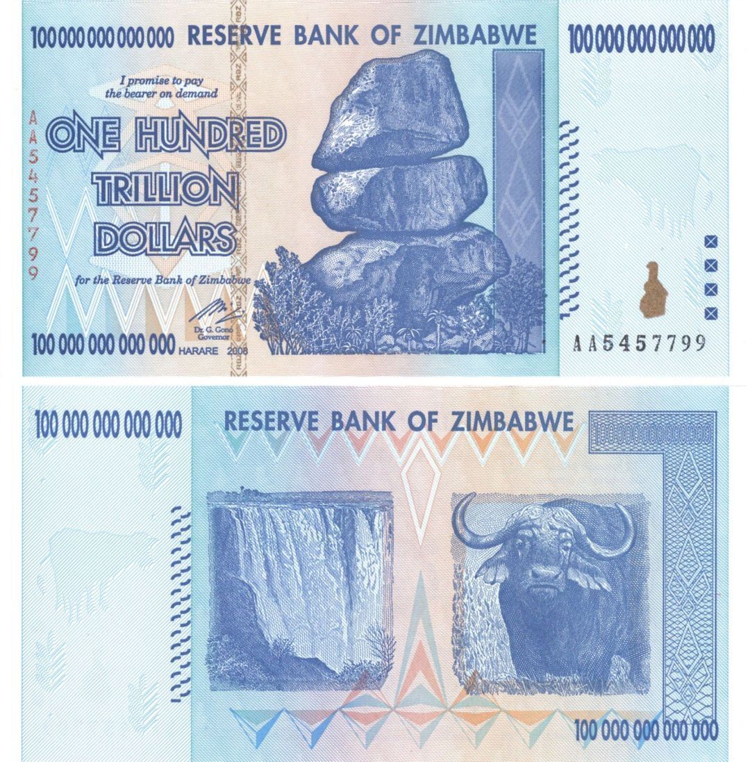 AA Zimbabwe 100 Trillion Dollar Blue Note - 2008 dated Uncirculated Authentic Pa