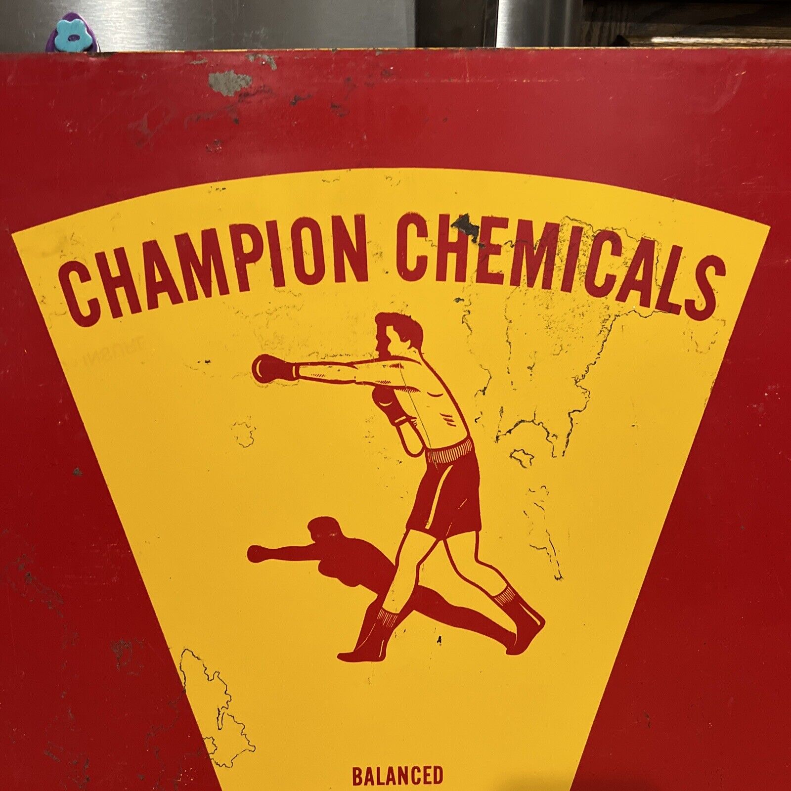 c.1960s Original Vintage Champion Chemicals Sign Metal Boxer Dealer Sign Gas Oil