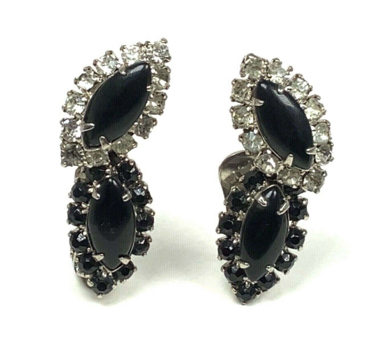 Silver Toned Costume Clip On Earrings w/ Black Marquise, Clear & Black Crystals