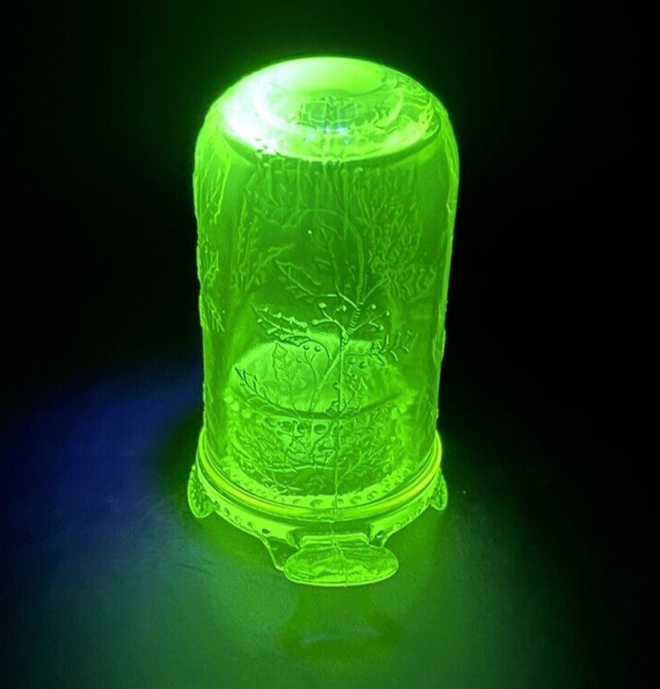 VTG Mosser Uranium Vaseline Glass Fairy Lamp Candle Holder in Holly Berry EUC