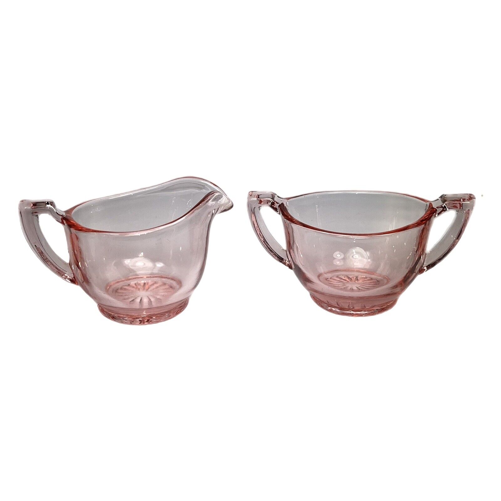 Vintage Set of Two Pink Clear Depression Style Glass Sugar And Creamer