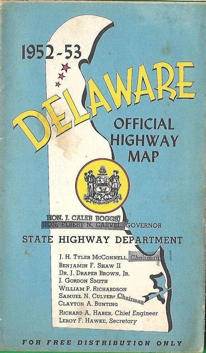 1952 DELAWARE Official State Highway Map Wilmington Dover Governor Caleb Boggs