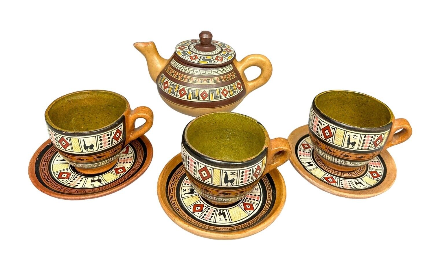 Vintage Peruvian Folk Art Terra Cotta Hand Painted Tea Pot, 3 Cup Saucer Set