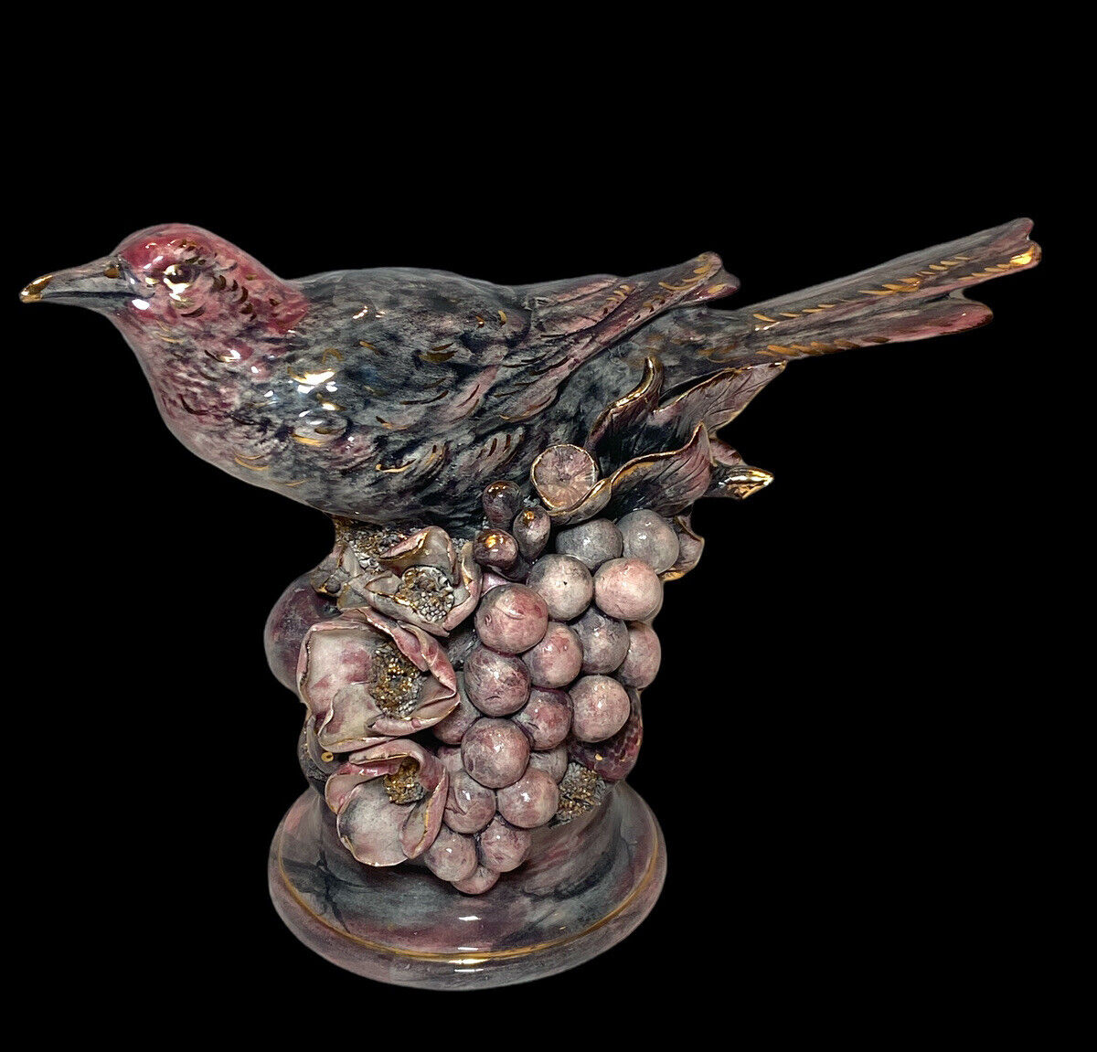 Freeman Leidy Signed Bird Fruit Figure Figurine Vintage Purple Pink Gold Pottery