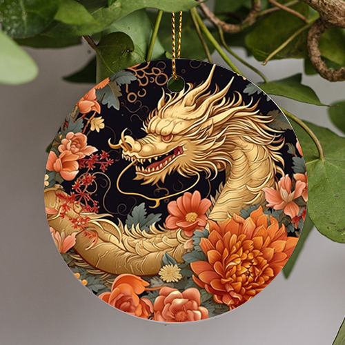 Chinese New Year 2024, Dragon Zodiac, Flowers, Gold style Ornament Gift