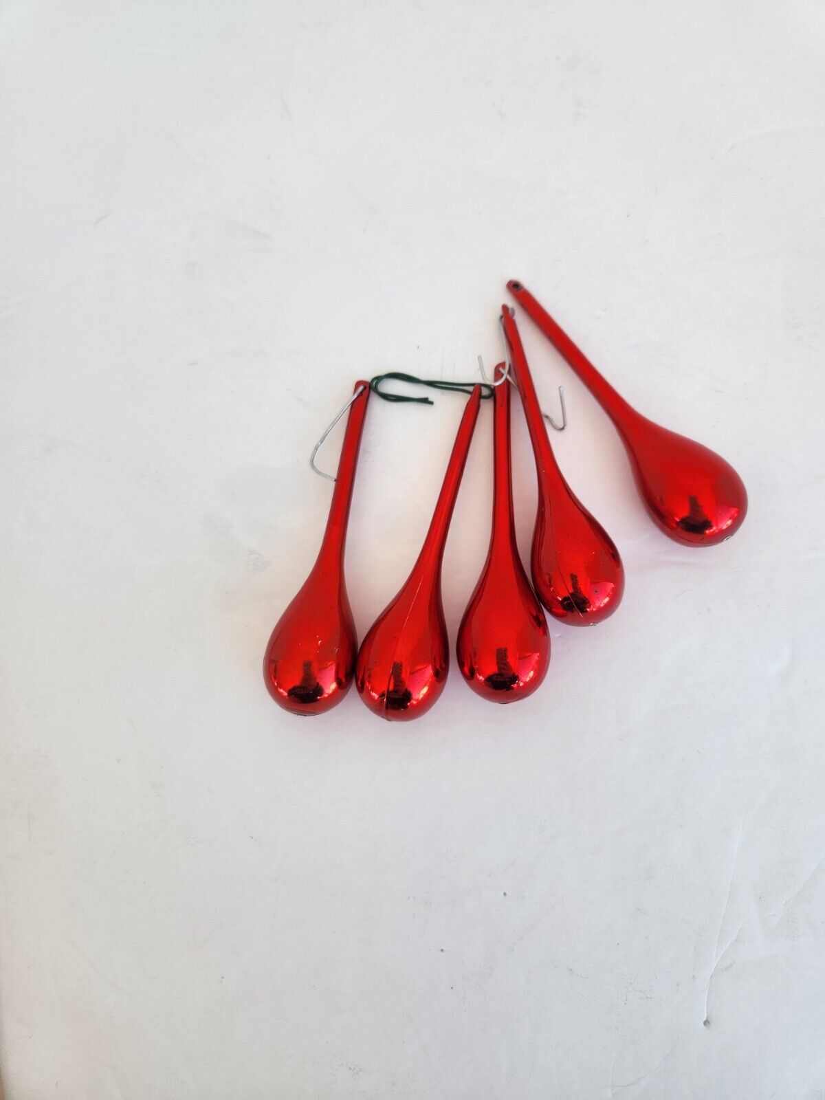 Lot of 5 Vintage Teardrop Christmas Ornaments Red Metallic 3” Long Plastic 