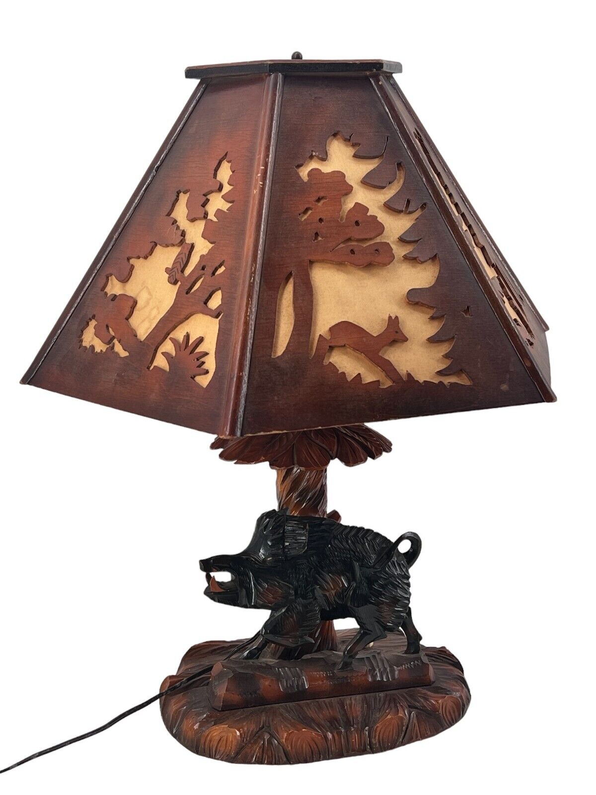 1940'S ANTIQUE RHON SEPP BLACK FOREST WILD BOAR TABLE LAMP GERMAN W/SHADE