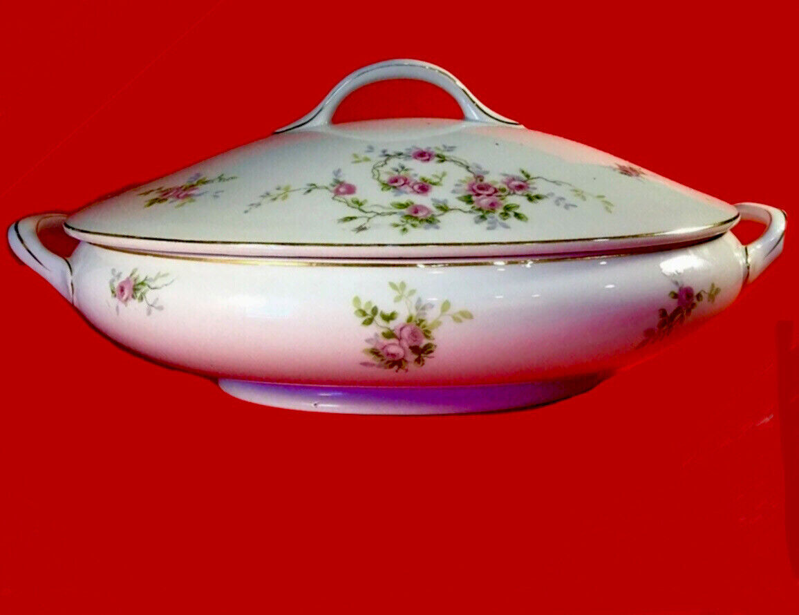 NAGOYA NIPPON TUREEN COVERED DISH PINK ROSES GOLD ACCENTS ANTIQUE 1800\'S