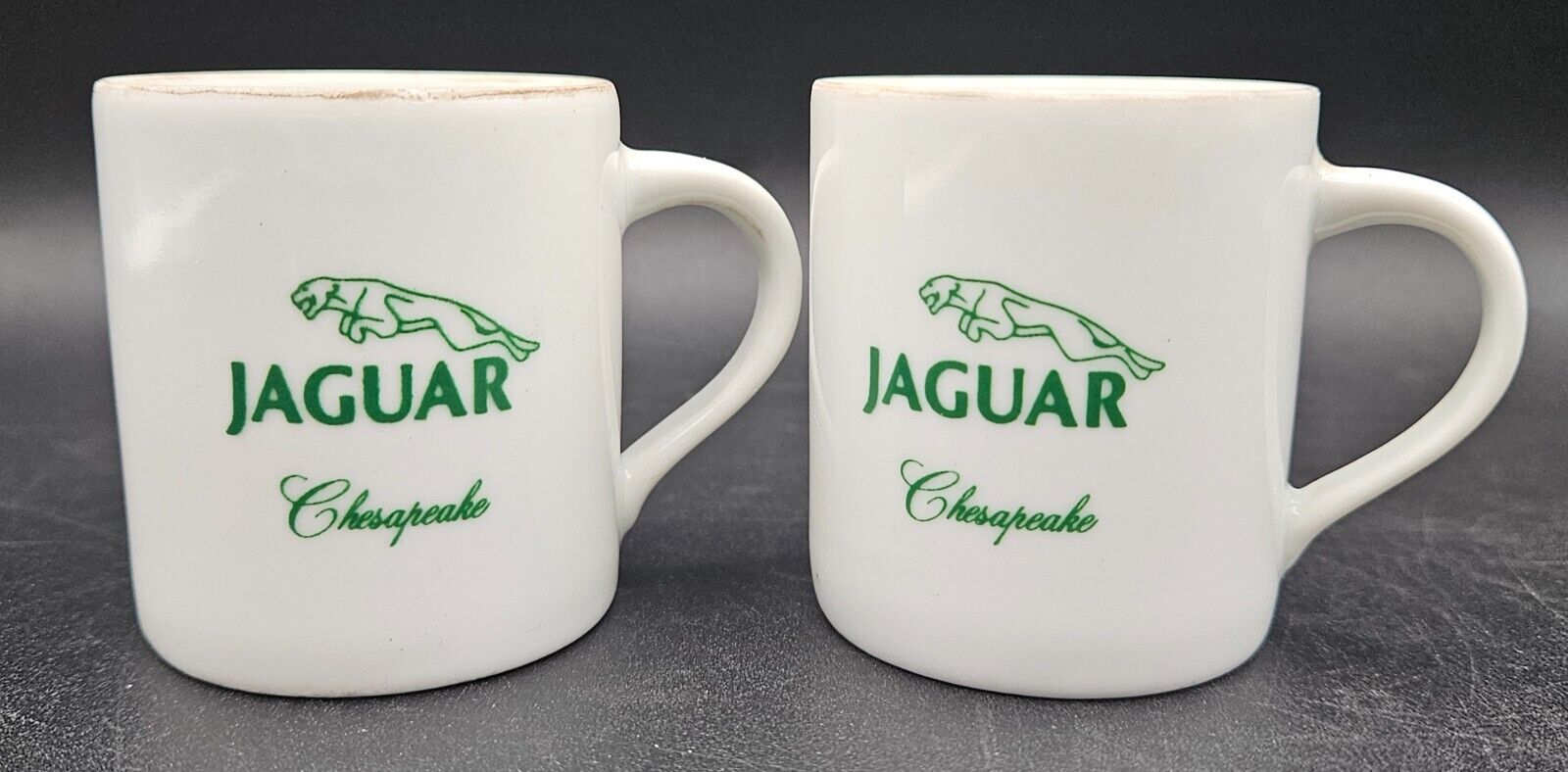 Pair of Vtg Jaguar Chesapeake Car Green Logo Mini Ceramic Advertising Mugs