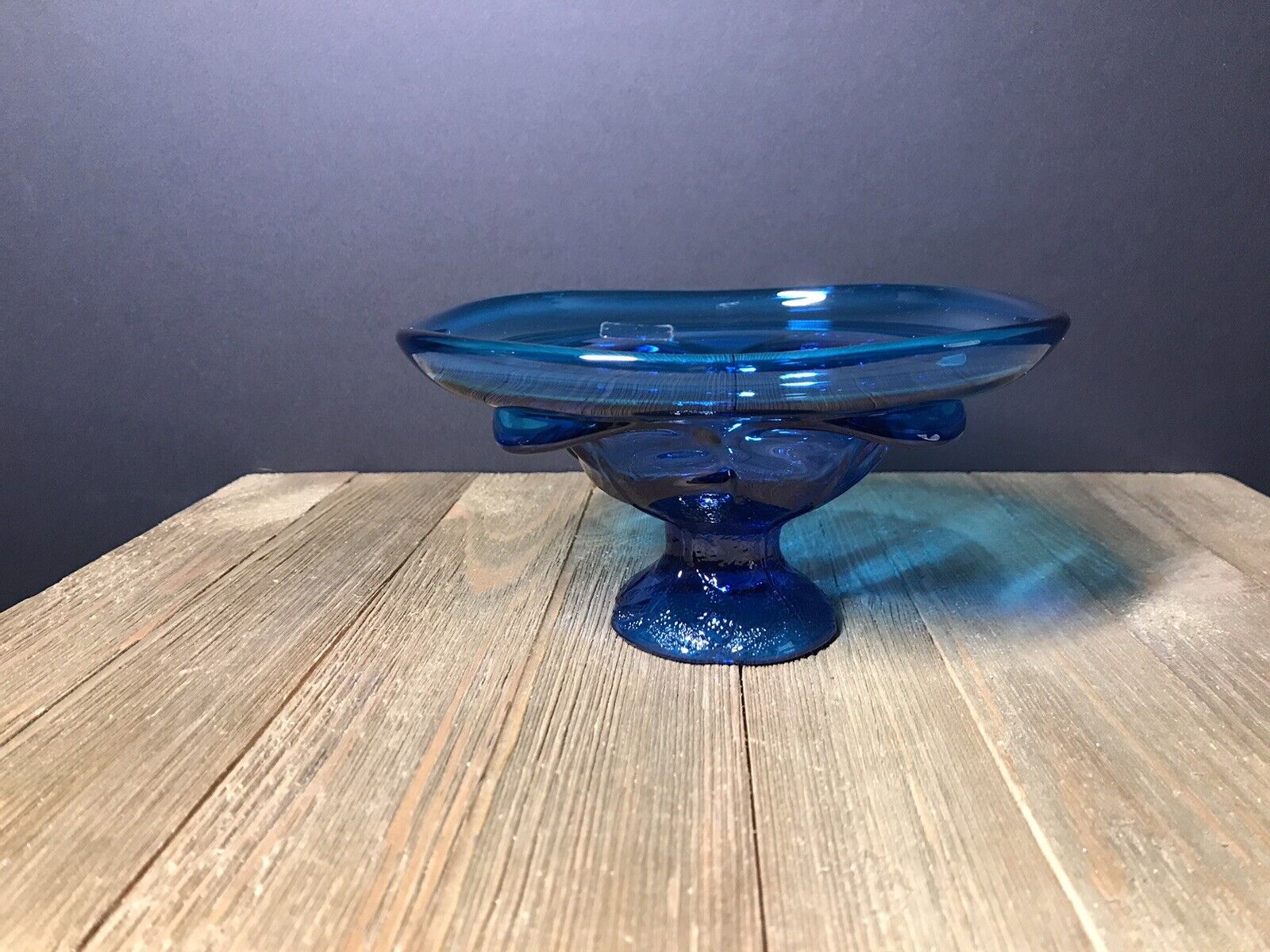 Vintage MCM Viking Glass Cabbage Leaf Compote in Gorgeous Bluenique Color