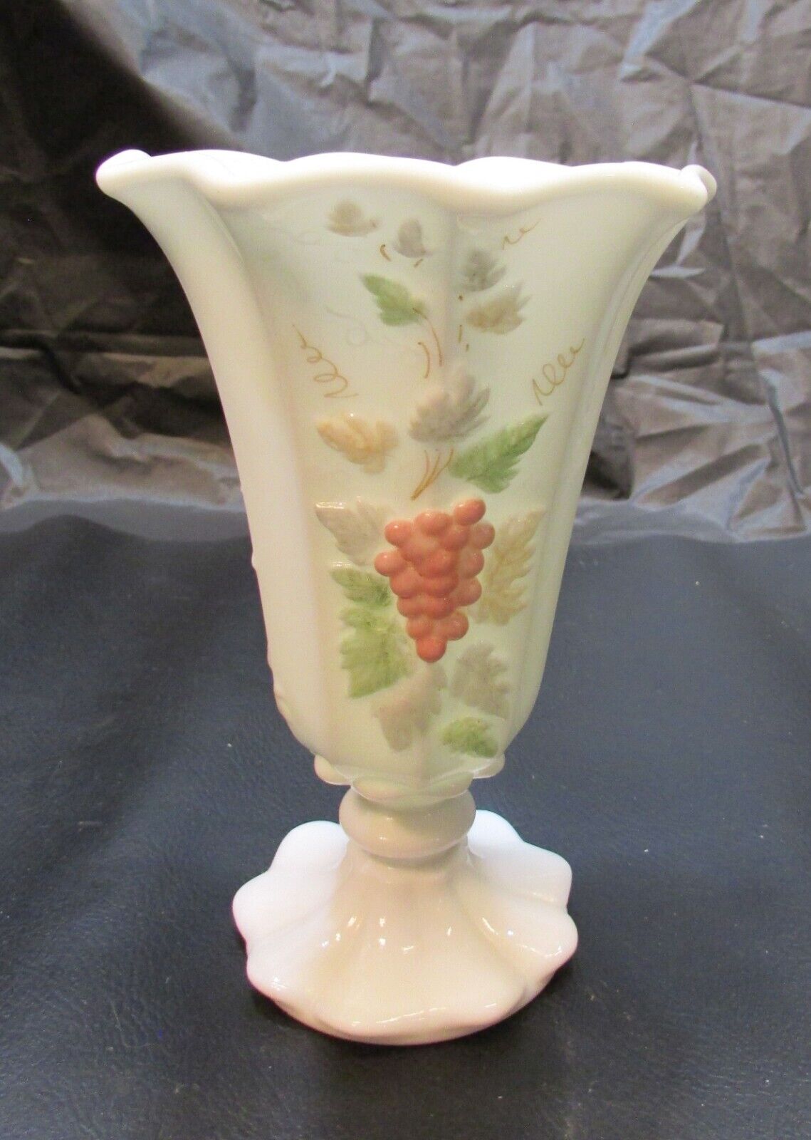 Westmoreland White Milk Glass Hand Painted Grape Leaf Flared Pedestal Foot Vase