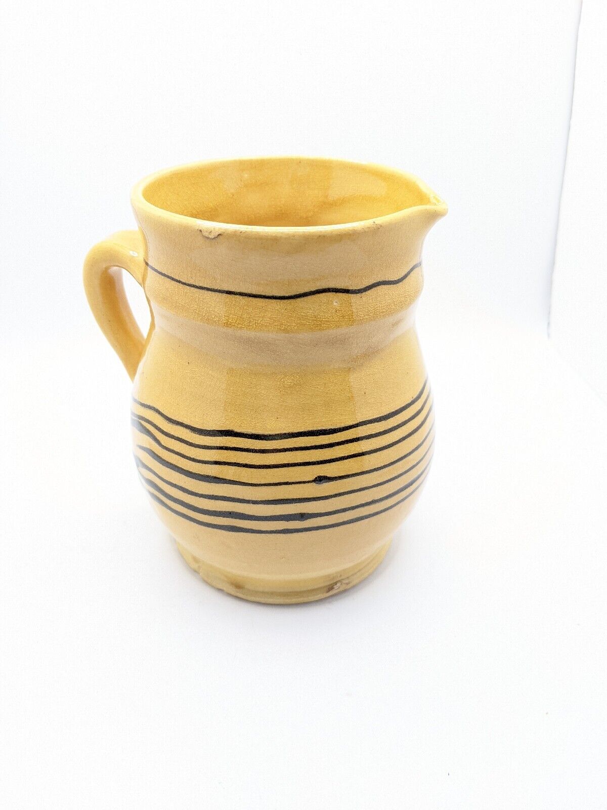 Vintage Old Yellow Ware Pottery Pitcher, Striped Marked