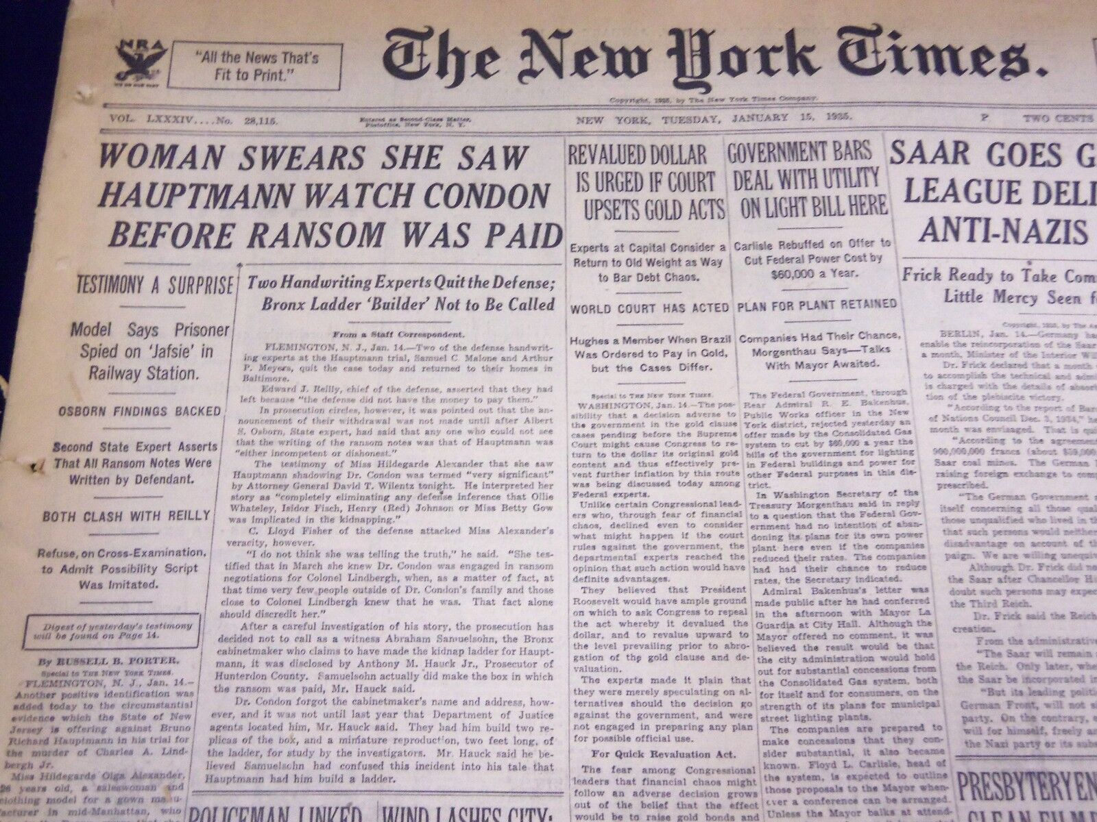 1935 JANUARY 15 NEW YORK TIMES - WOMAN SAW HAUPTMANN WATCH CONDON - NT 1928