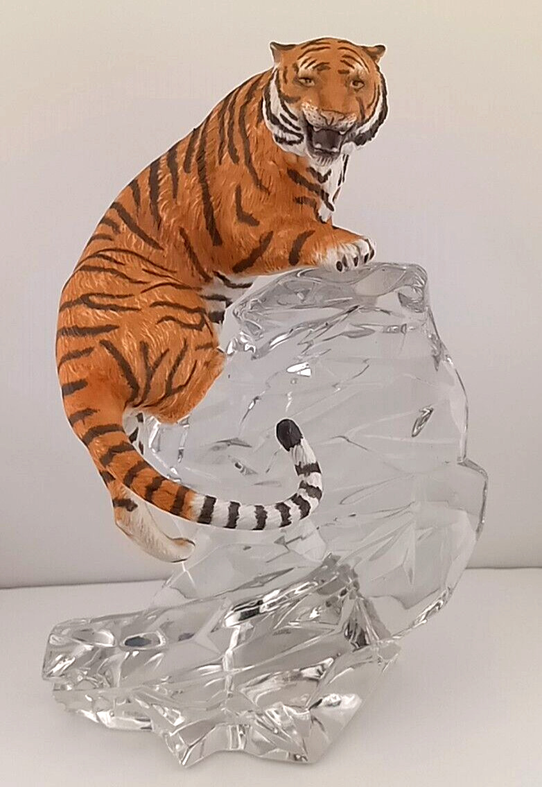 VTG Franklin Mint Tiger Crystal & Porcelain Sculpture Amazing Mint Condition