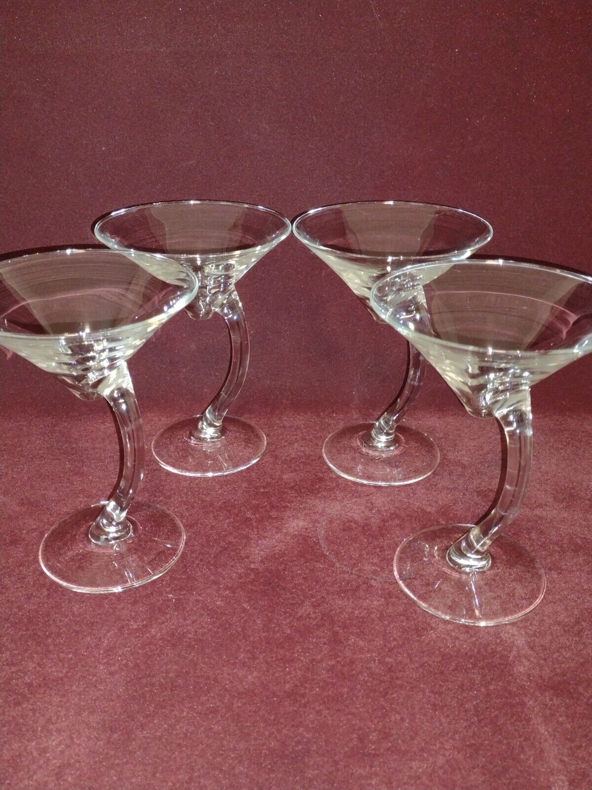 Vintage Libbey (?) Clear Martini Glasses with Curved Stem - Unique Set of 4 NICE