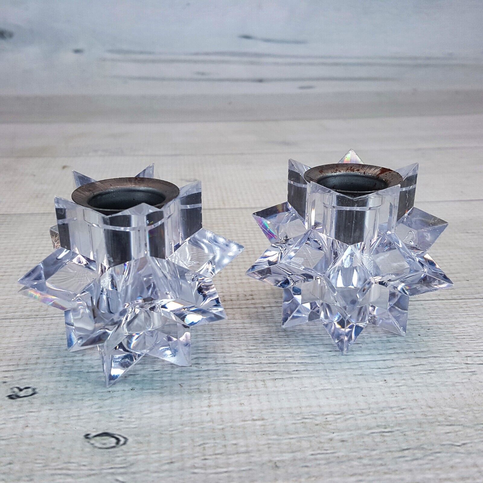 Vintage Clear Acrylic Starburst Atomic Candlestick Holder Set  MCM Faux Crystal