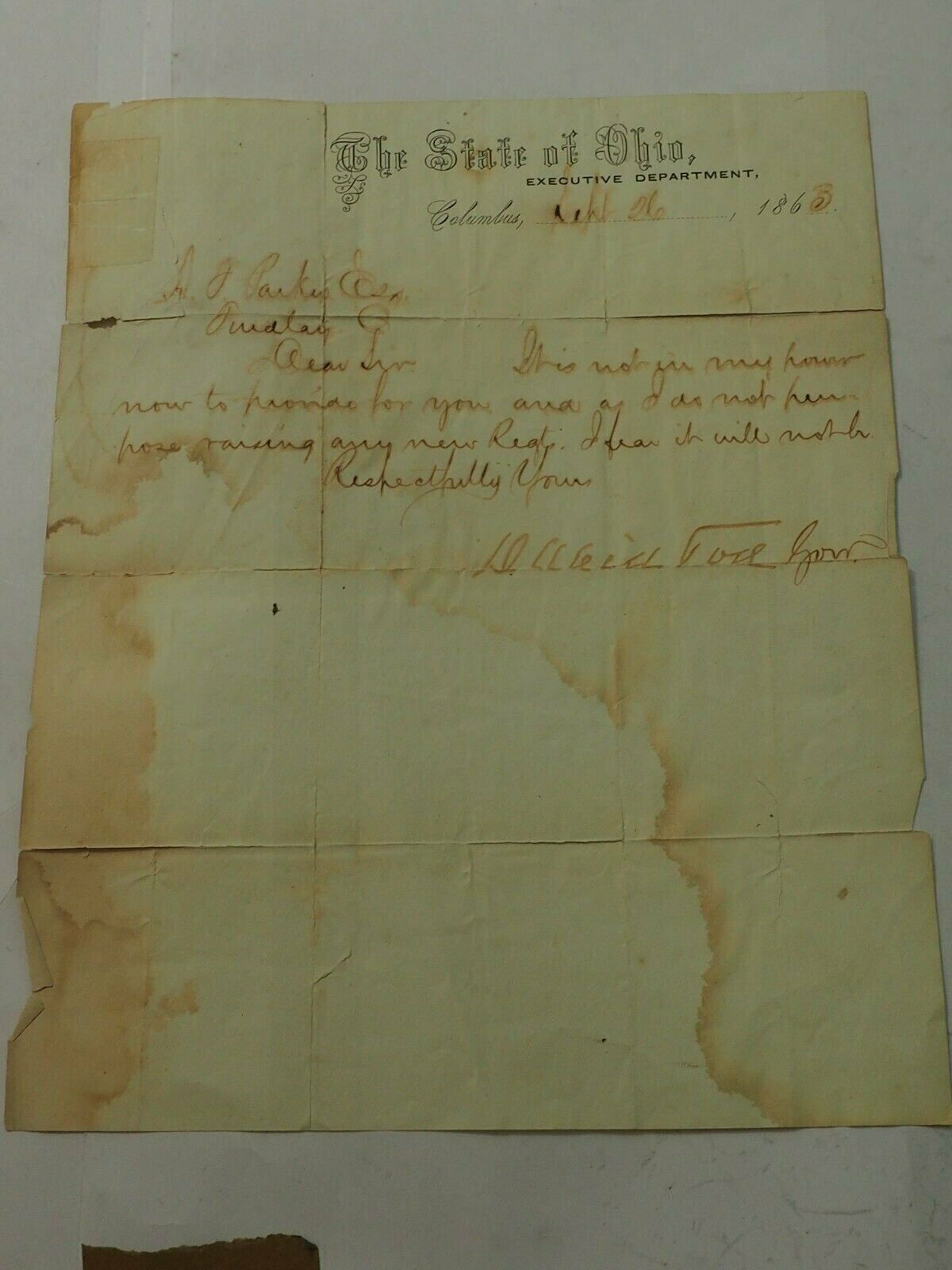 1863 Letter The State Of Ohio Executive Department to A..J.Parker Civil War era