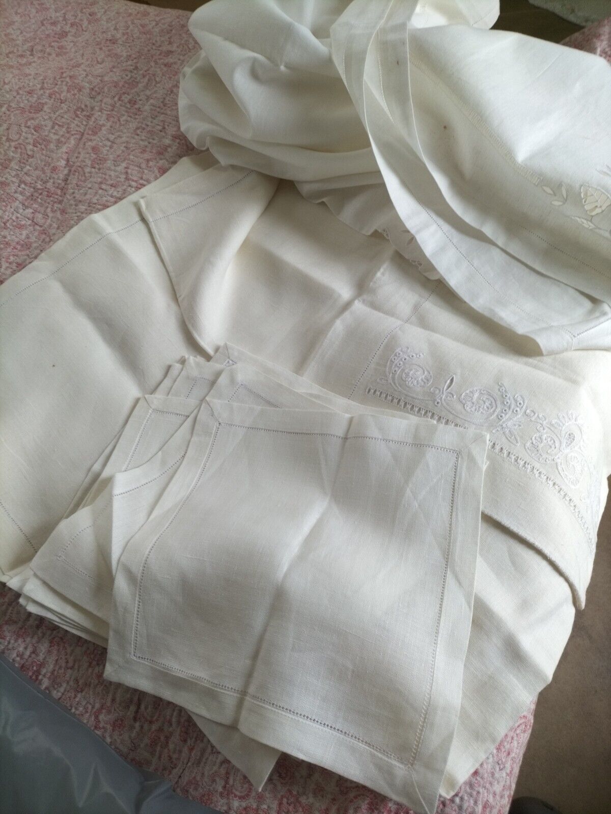 2 Large vintage embroidered linen cream tablecloths 12 Napkins unused some marks