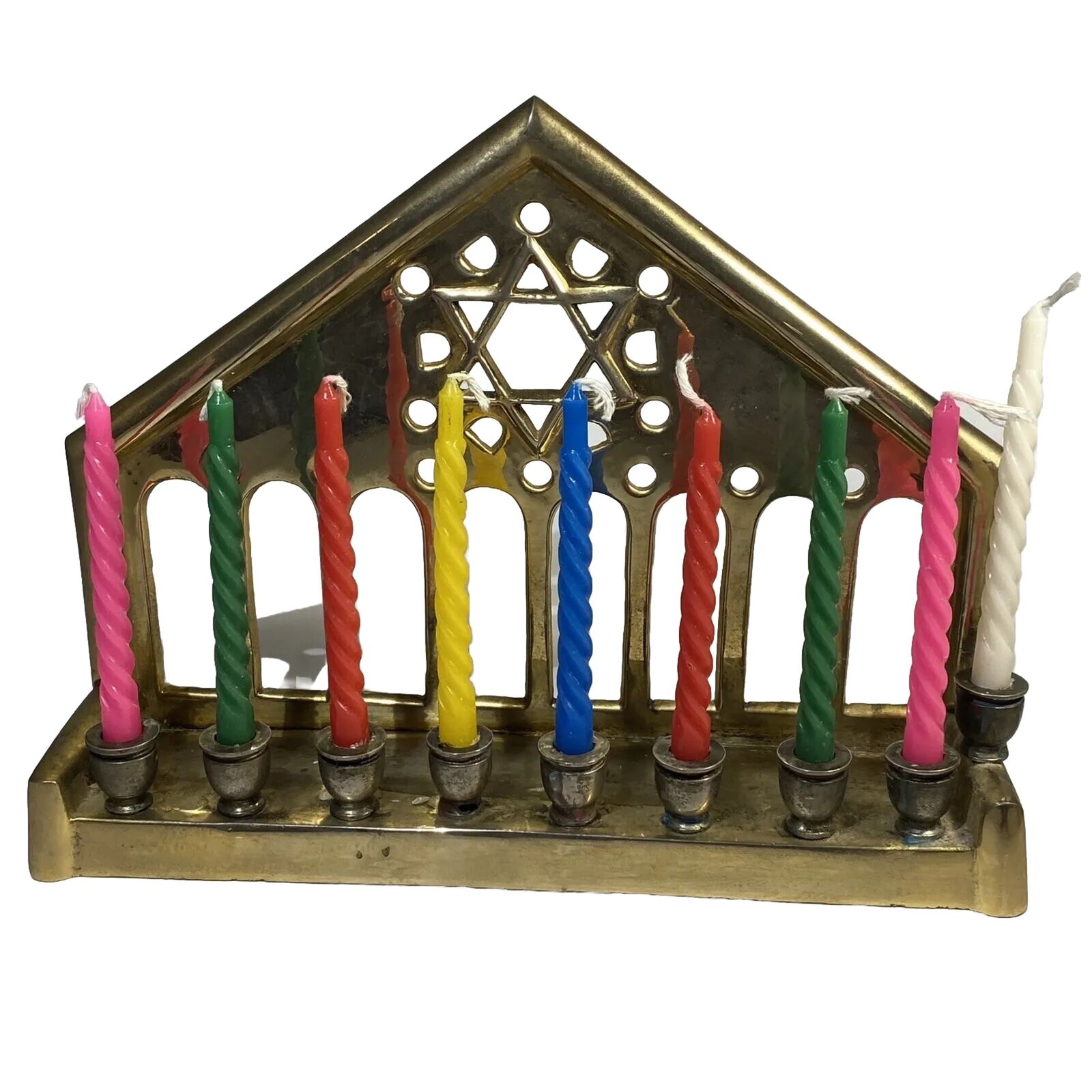 Vintage All Brass Menorah w Candles Jewish Hebrew Judacia