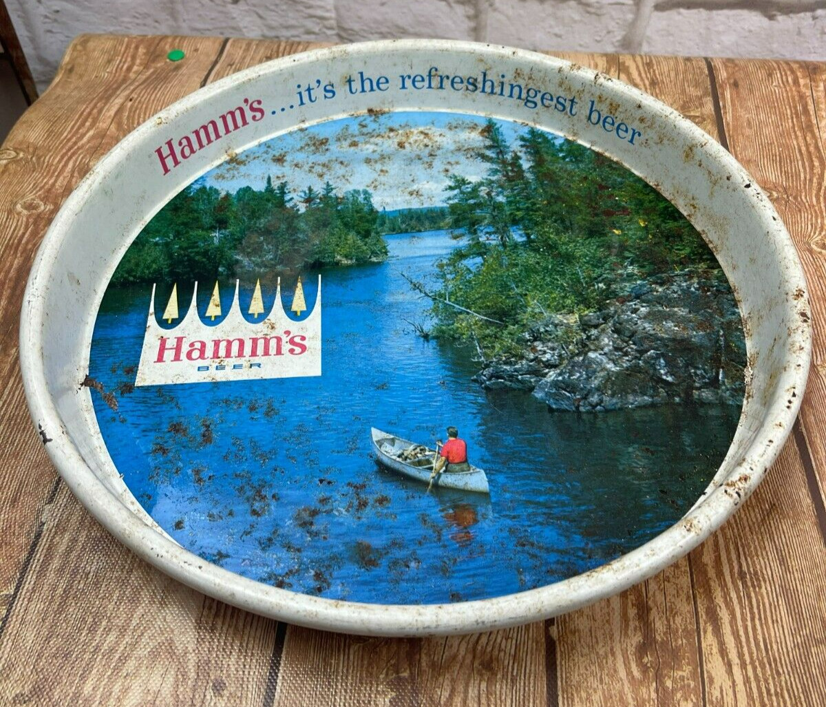 Vintage Hamm's Beer Metal Serving Tray w/Man in Canoe