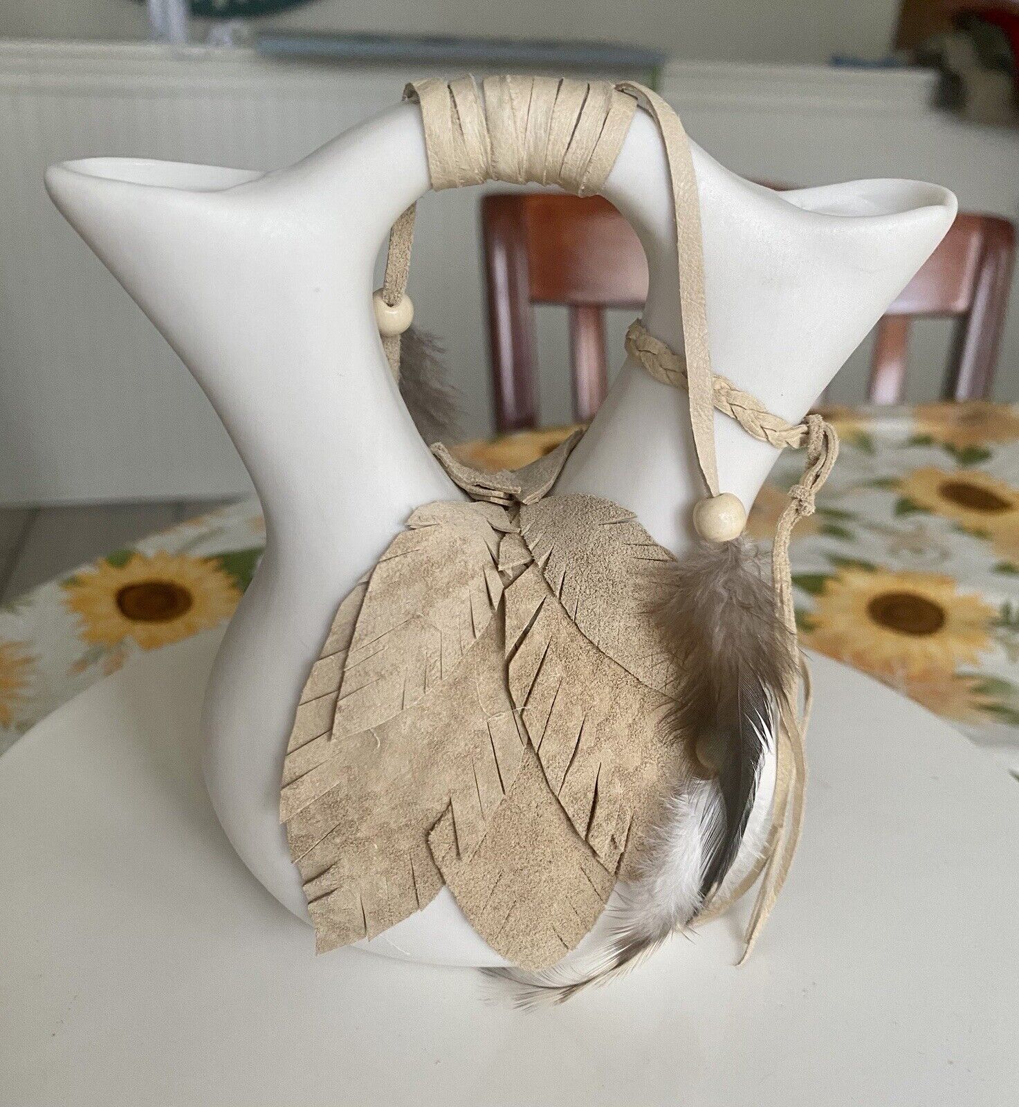 White Wedding Vase Leather Feathers Native American