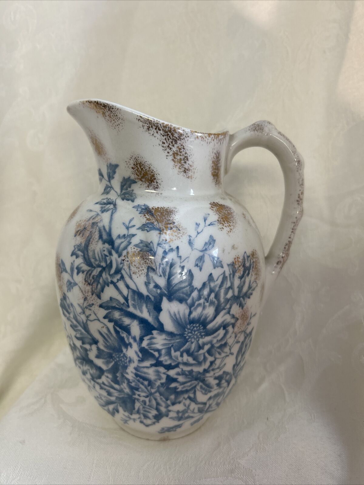 Adamantine Porcelain 7.5 in Pitcher - Blue Floral Design Gold Trim Applied