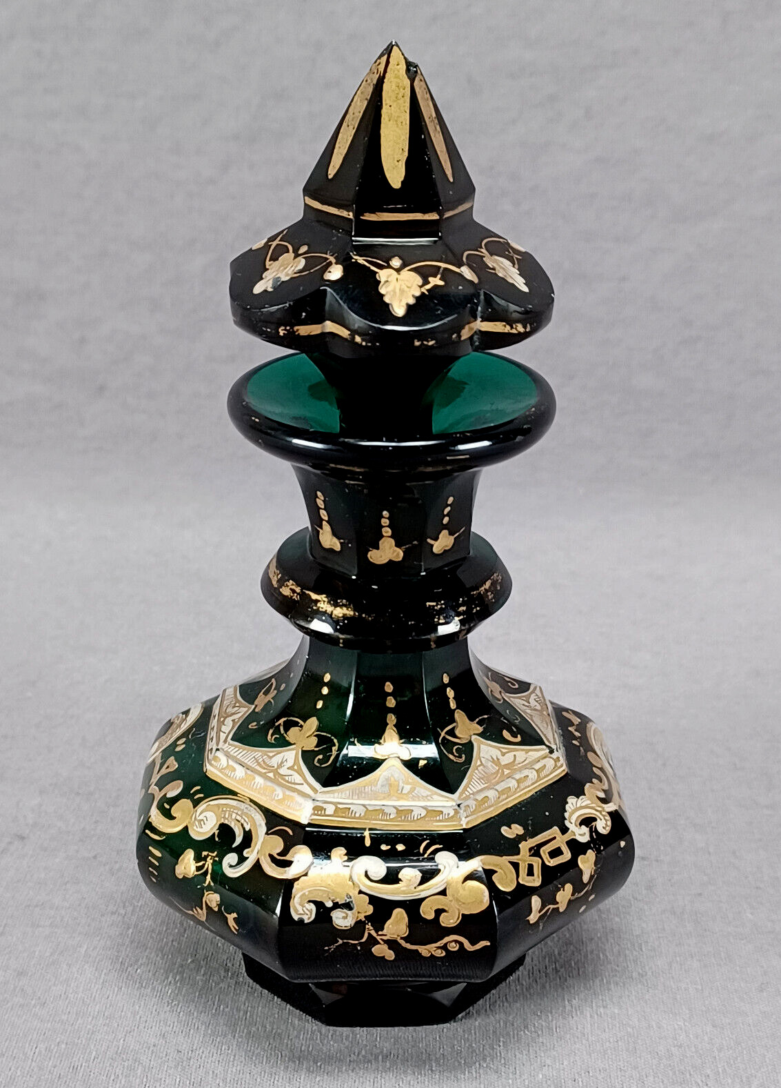Mid 19th Century Bohemian White & Gold Enamel & Cut Emerald Glass Perfume 