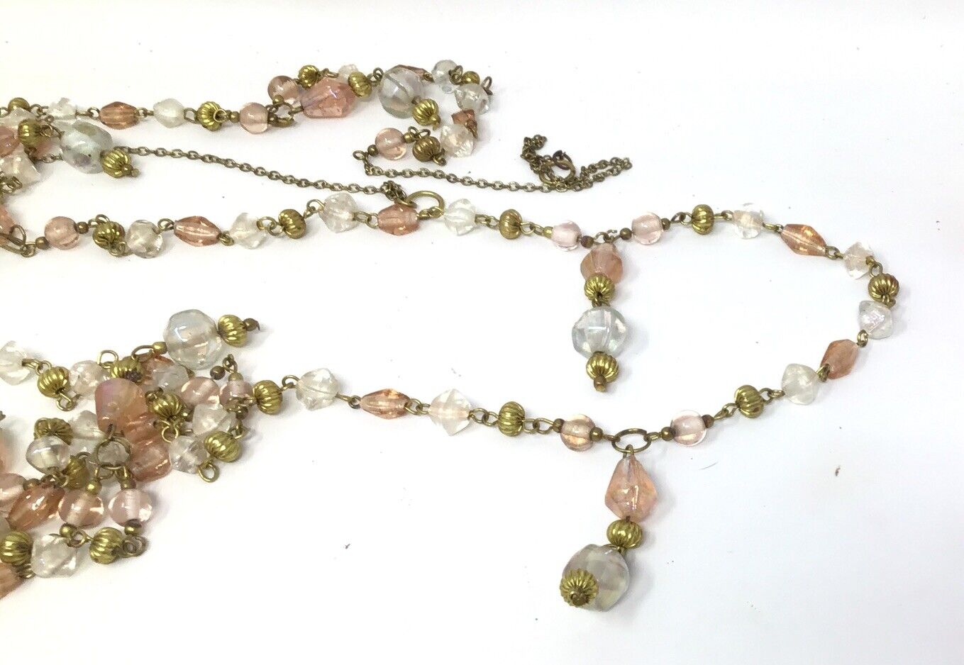 Antique Chain Bead Garland with Glass Beads Rare 9’ Long Iridescent Clear Pink