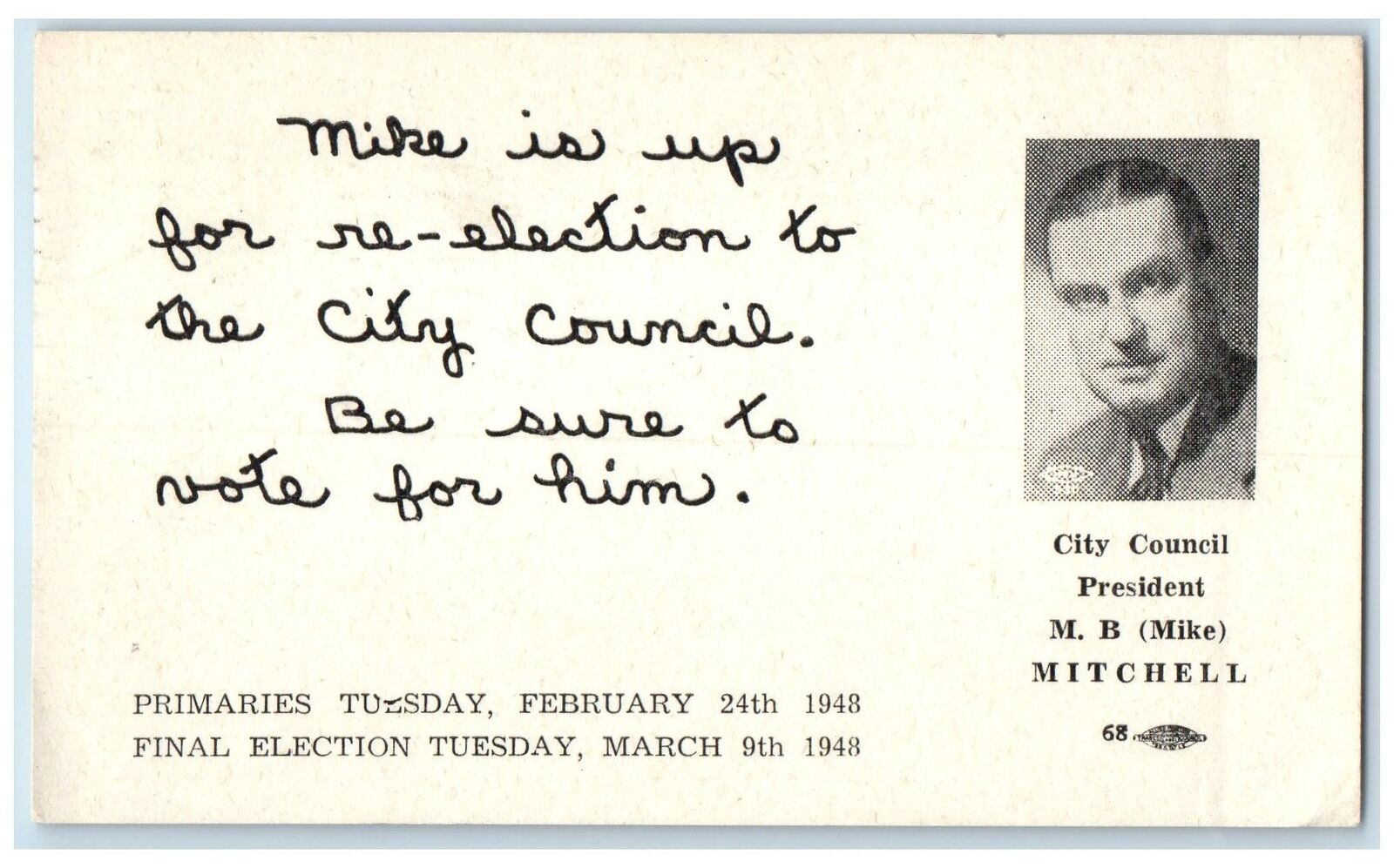 1948 M. B. Mitchell Political Candidate Seattle Washington WA Posted Postcard