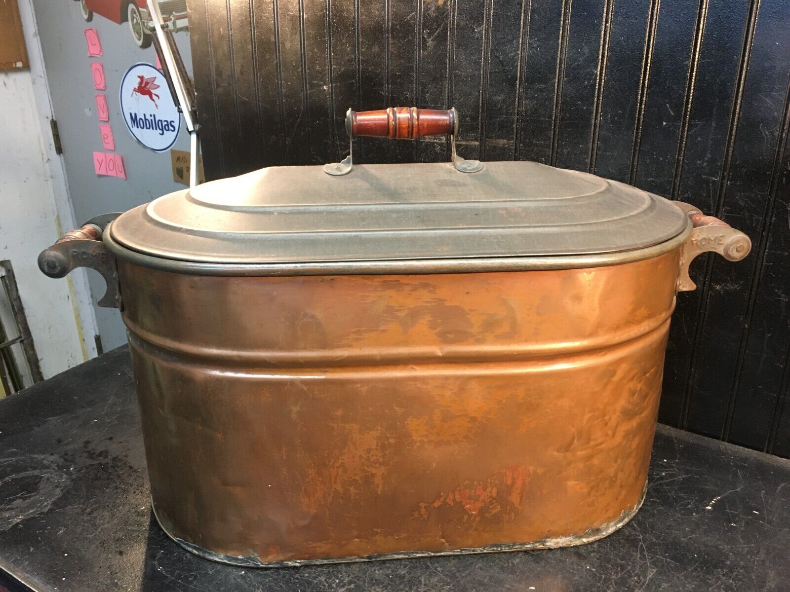 Vintage Antique Copper Boiler Wash Tub Pot & Lid with Wood Handles ROME Mfg