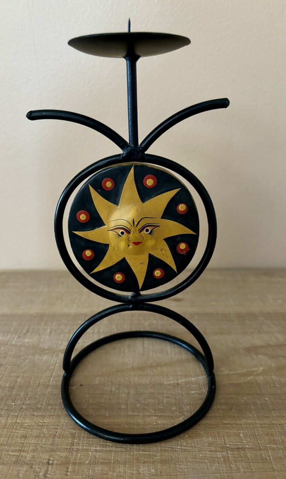 Vintage 90s Y2K Rotating Wooden Celestial Sun and Moon Metal Candle Holder