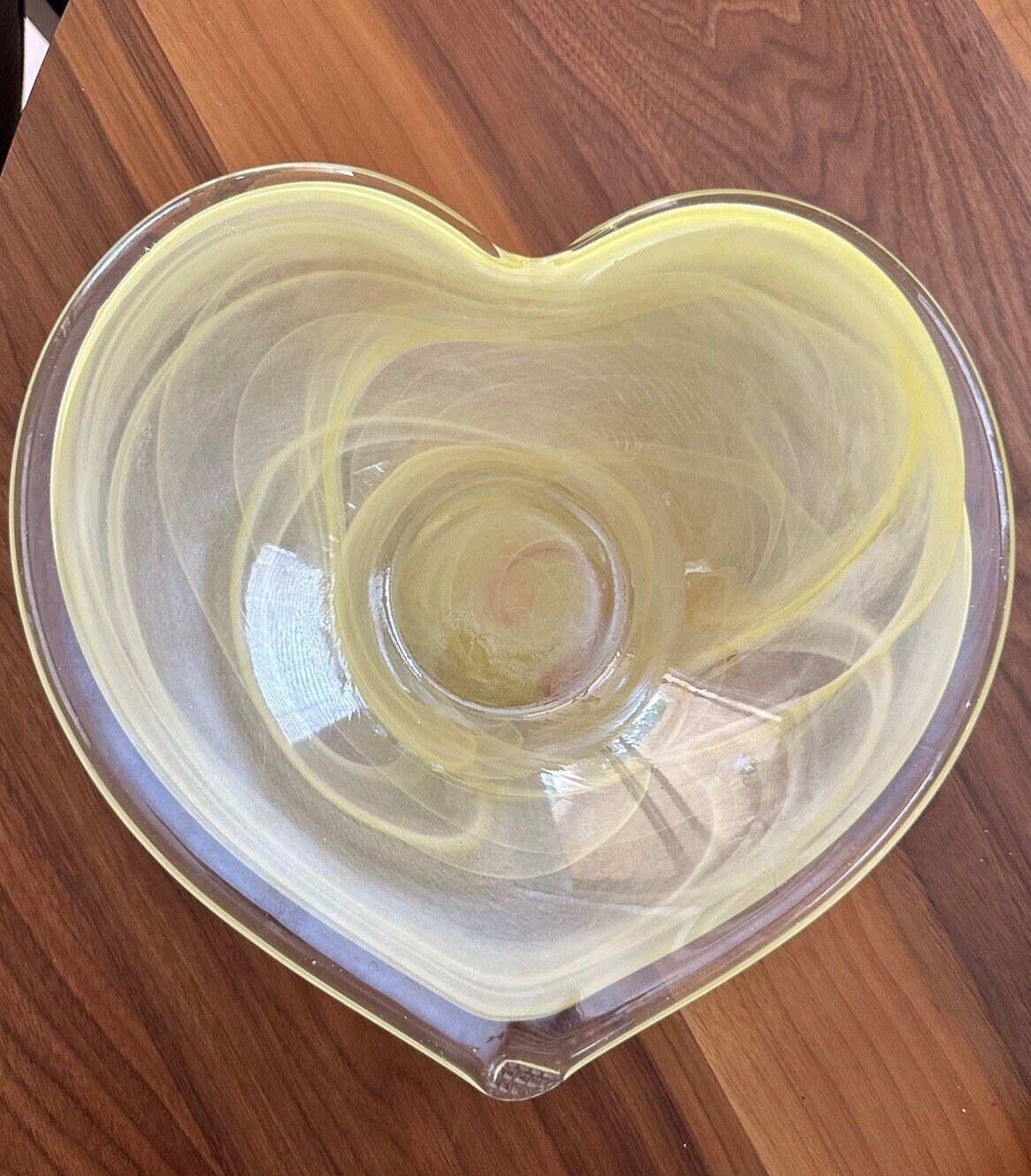 Murano Love Italy Art Glass Yellow/Red Swirl Iridescent Heart Shaped Bowl 10”