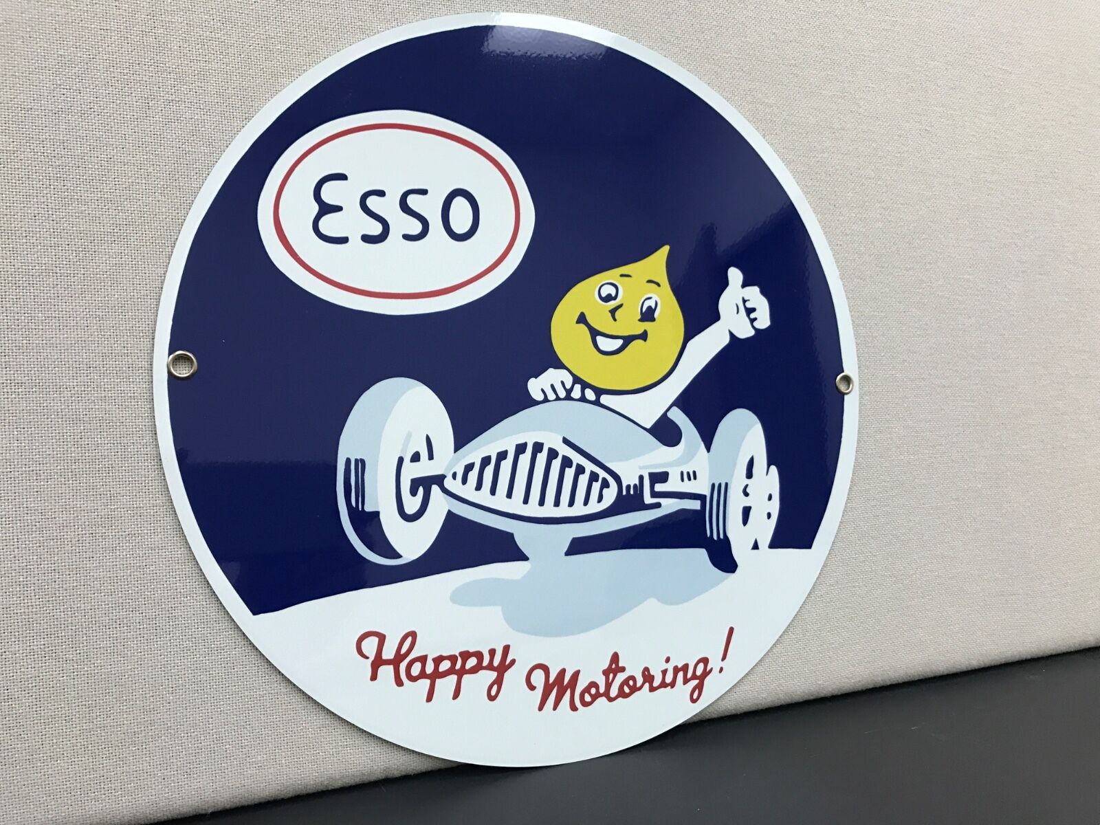 Esso happy motoring gasoline oil garage man cave  vintage sign baked