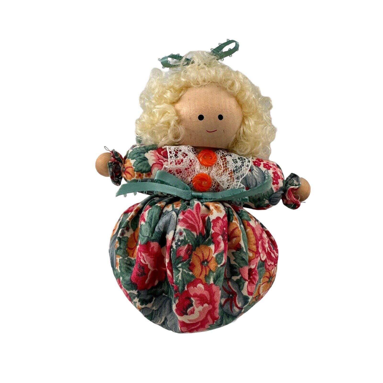 Vtg Handmade Wooden Doll Gift Christmas Holiday Decor Figure 5 Inch Cloth Bean