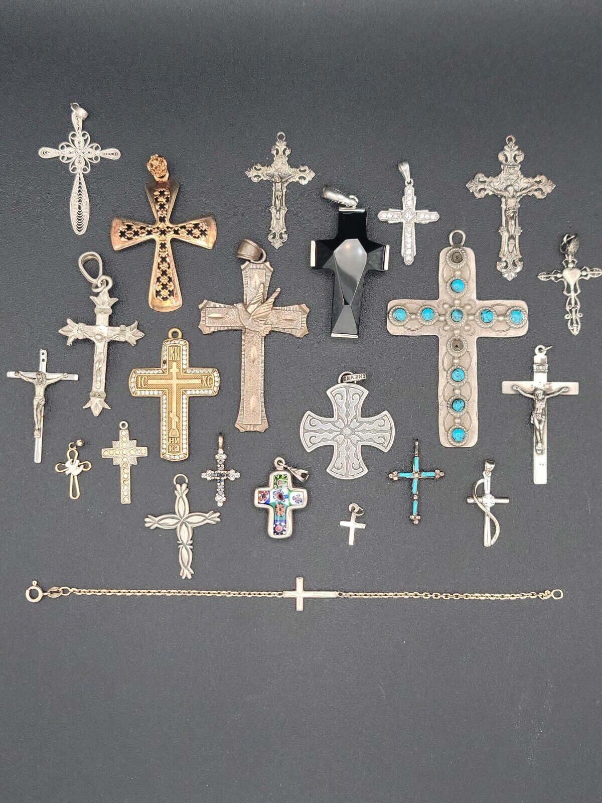 Estate Collection of 23 Rare Sterling Silver Crosses Jesus Christian Onyx Others