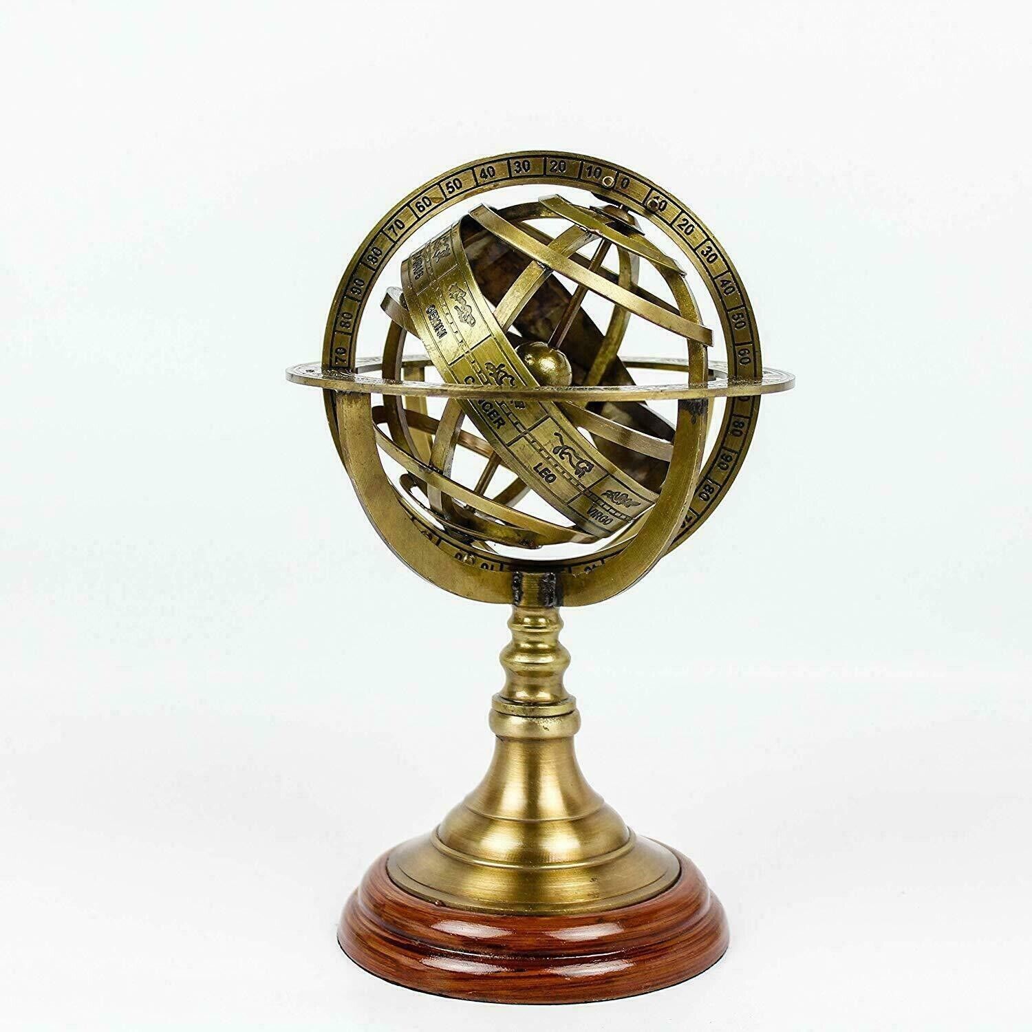 Antique Vintage Zodiac Armillary Brass Sphere Globe Wooden Display