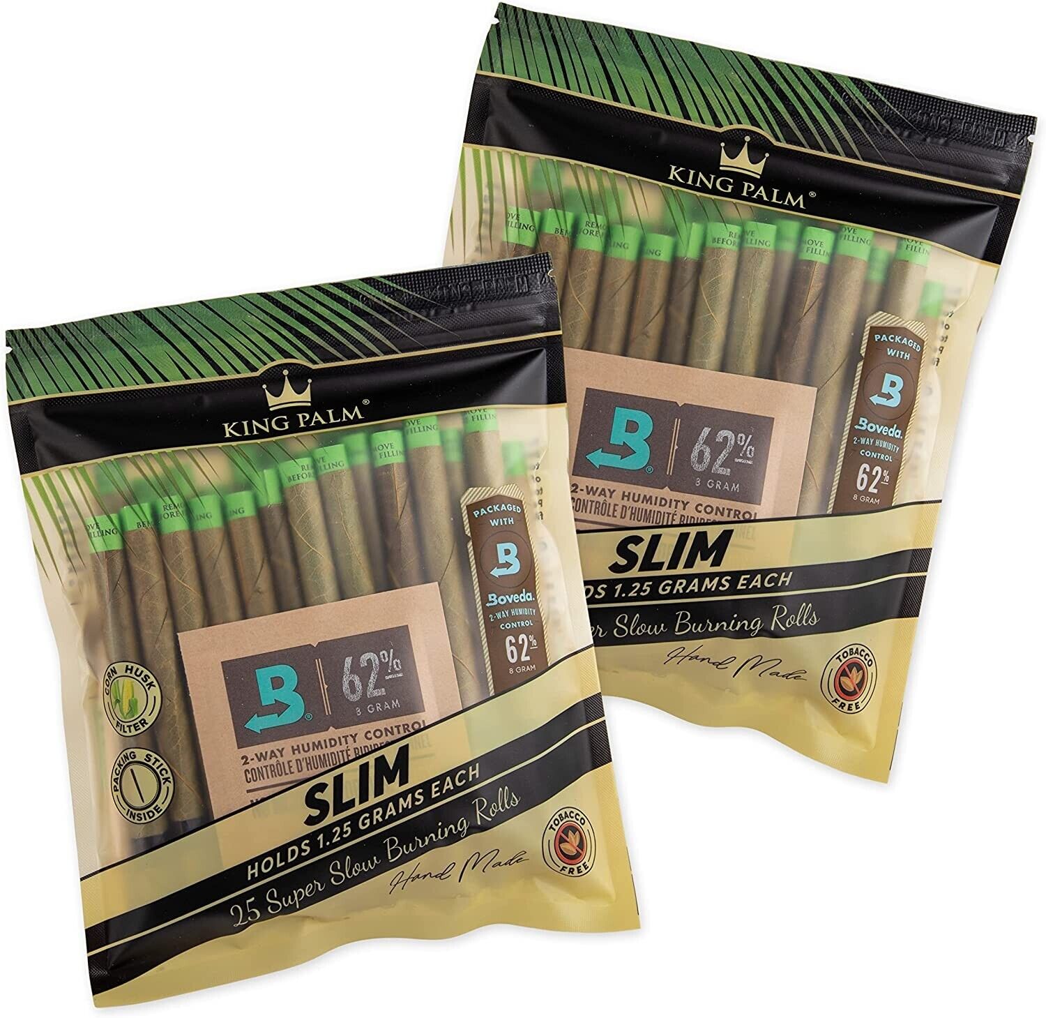 King Palm | Slim | Natural | Prerolled Palm Leafs | 2 Packs of 25 Each = 50Rolls