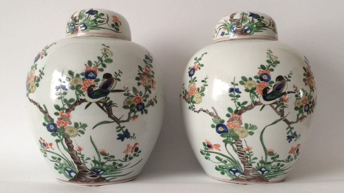 Pair Of Large Chinese Wu Cai Covered Jar 19C