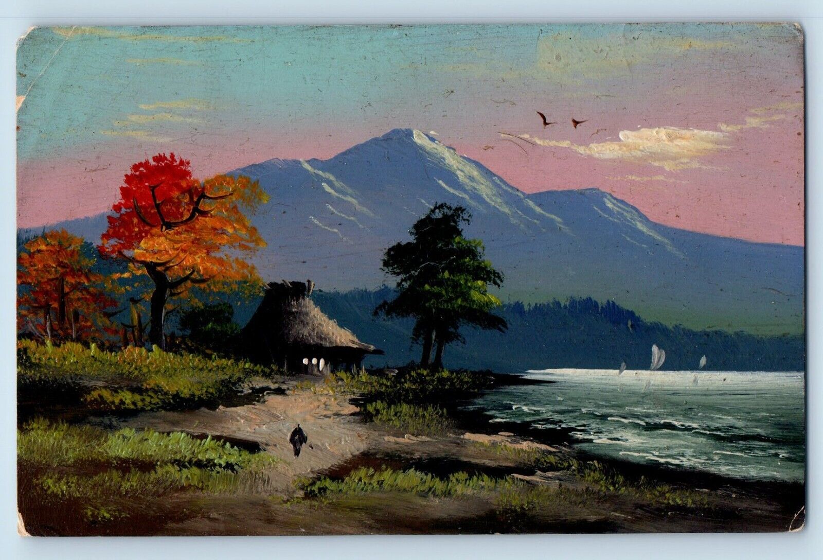 Handpainted Postcard Art Mt. Fuji Hand Drawn Hut Sea View c1910\'s Posted Antique