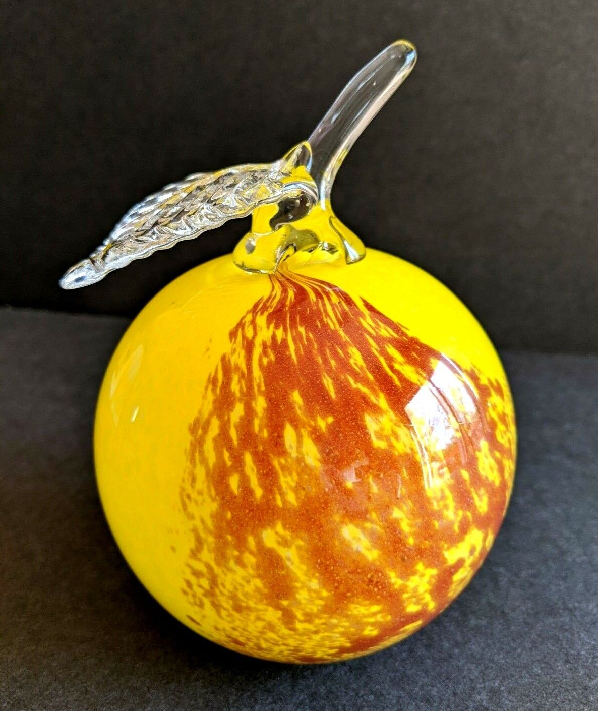 Murano Style Art Glass Apple Paperweight Hand Blown Yellow Red W/ Leaf 5.5\