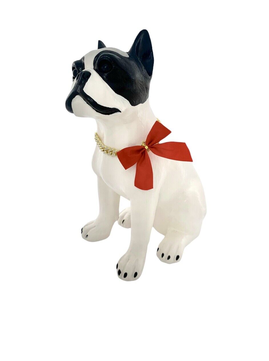 Dog Figurine Resin Hand Painted Bulldog with Collar Vintage Boston Terrier Gift