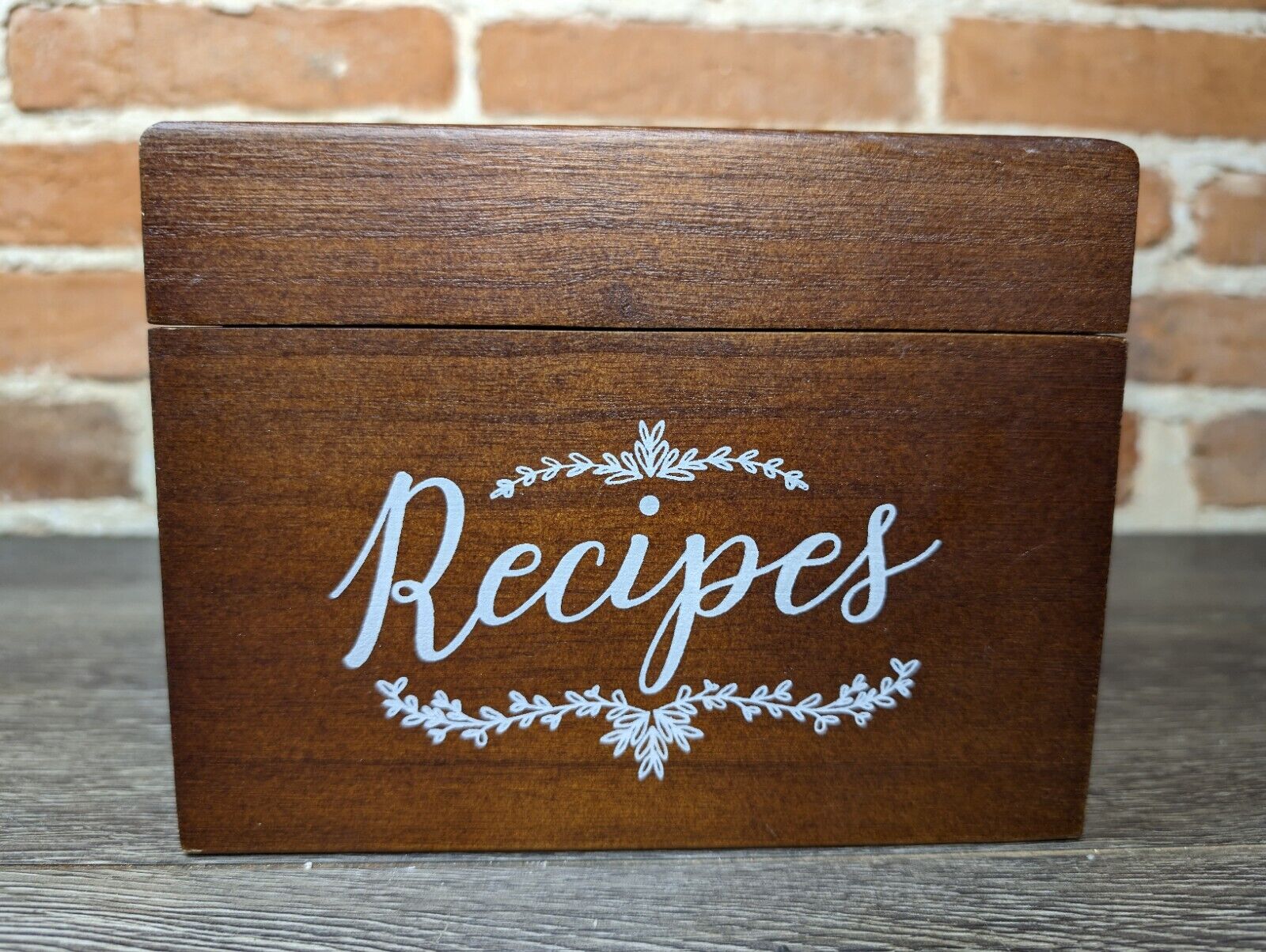Wooden Recipe Box with Double Sided Cards and Dividers Cursive \
