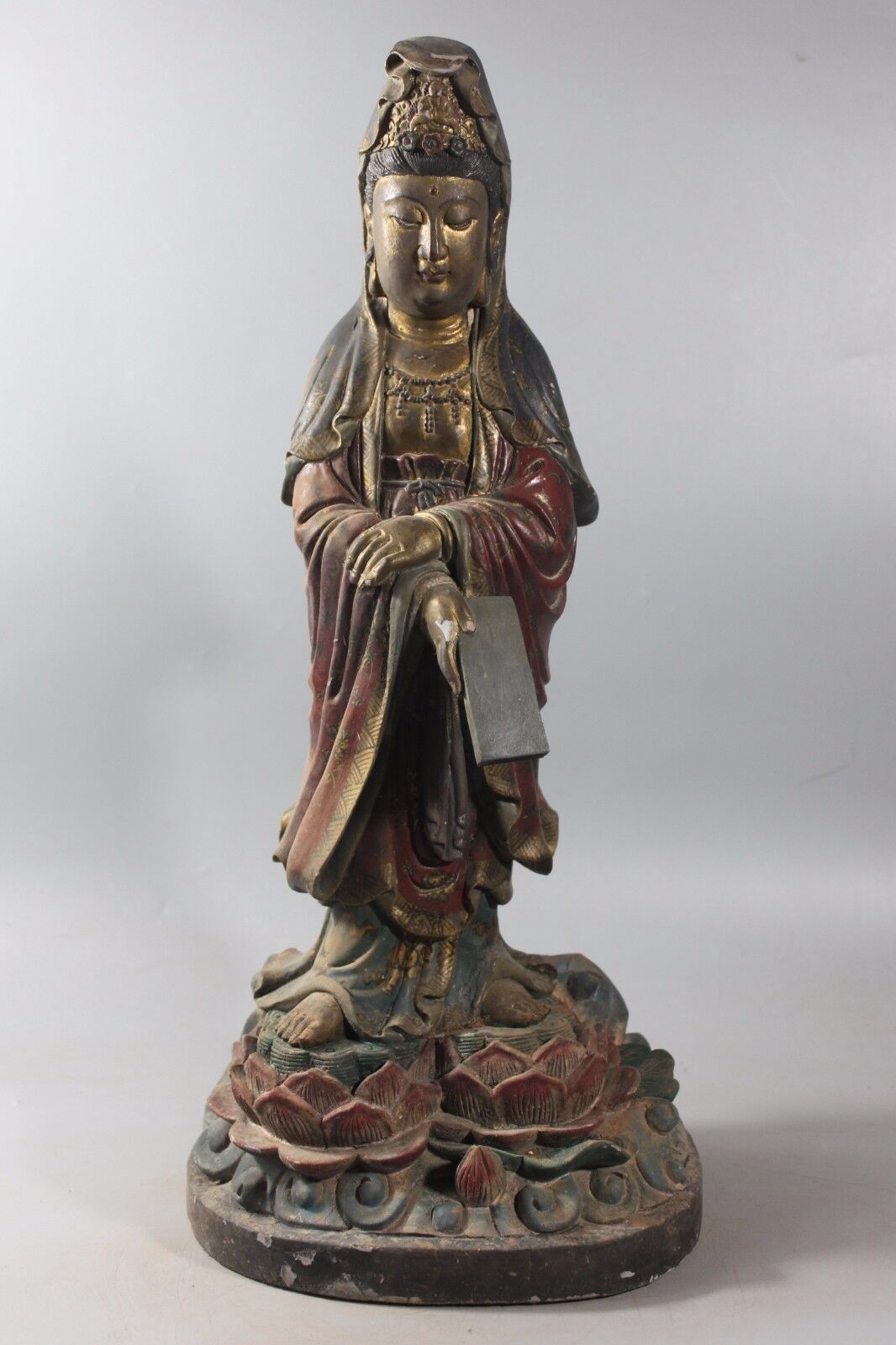 Vintage Chinese Kwan-yin Standing on the Lotus Statue 22” Camphorwood Crafts