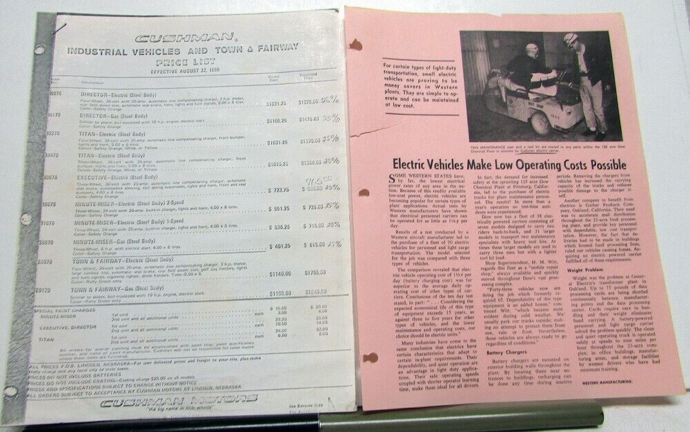 1969 Cushman Industrial Vehicles & Golf Carts Dealer Price List W/Accessories