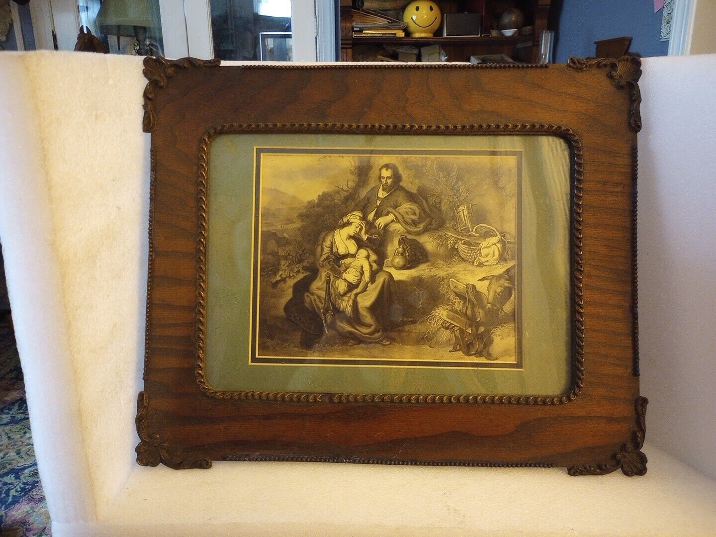Awesome Antique Mission Style Ornate Wood Framed Religious  Litho
