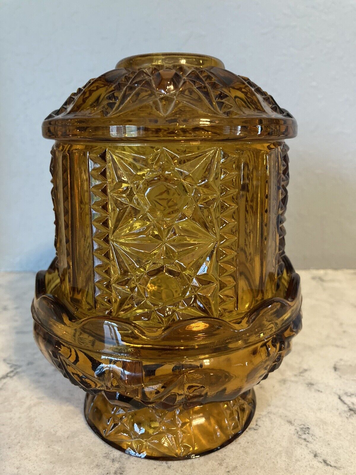Vintage Amber Fairy Lamp Indiana Glass Stars and Bars 6.5”
