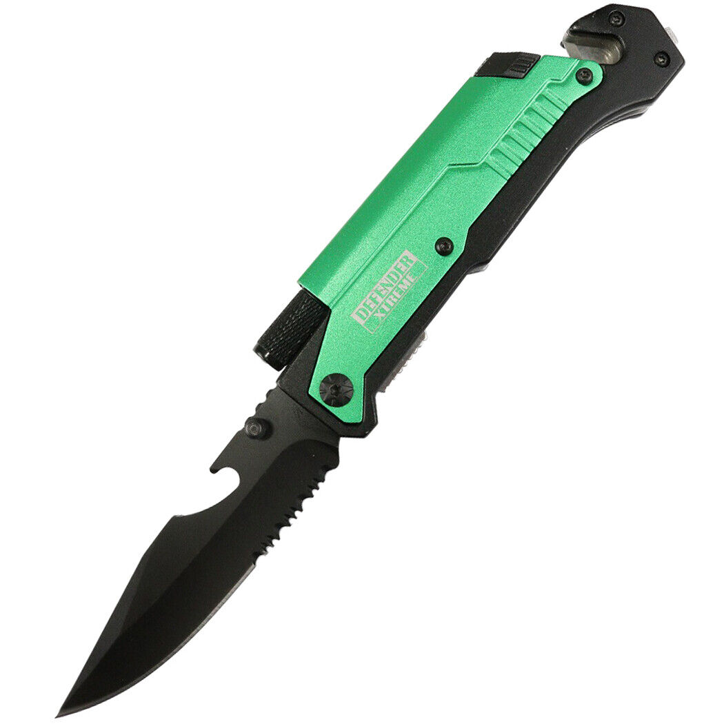Defender-Xtreme 8.5in Multi Function Folding Knife Green Color Handle