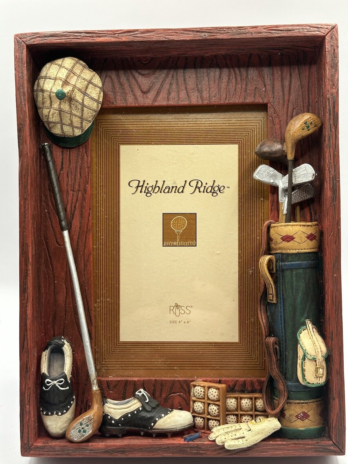 NEW RUSS BERRIE AND CO. HIGHLAND RIDGE GOLF PHOTO FRAME WITH FUN GOLFERS DETAIL
