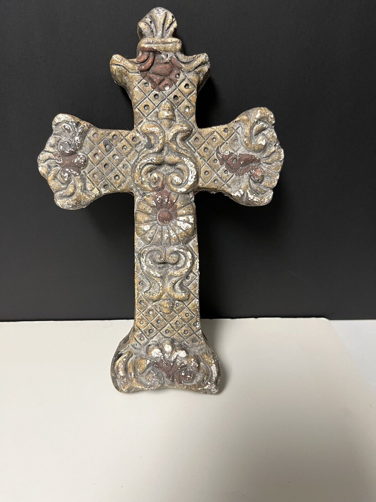 Vintage Gray Rustic Heavy Wall Cross Crucifix Distressed Décor with Hanger