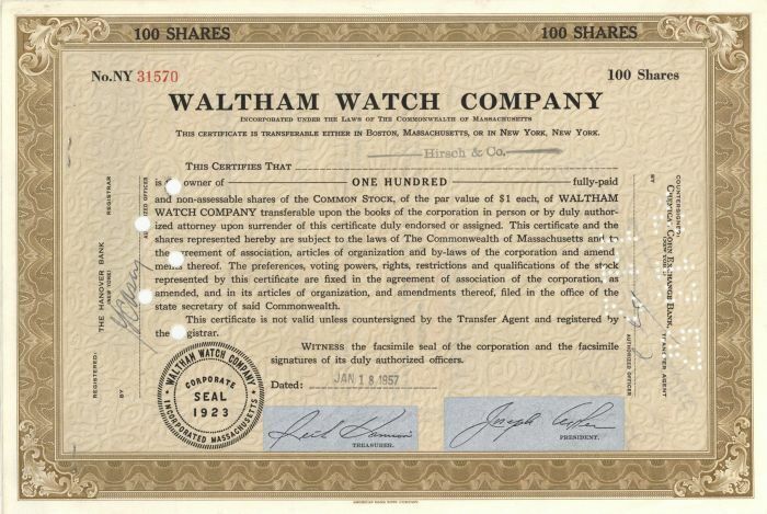 Waltham Watch Co. - Stock Certificate - General Stocks